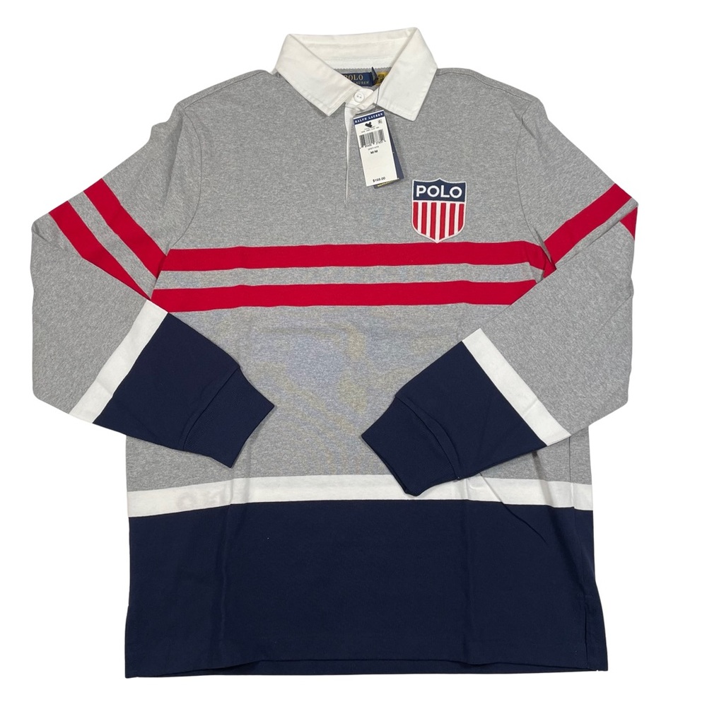 Polo Ralph Lauren Striped Shield Size M Grey Long Sleeve Polo Shirt *Retail $168